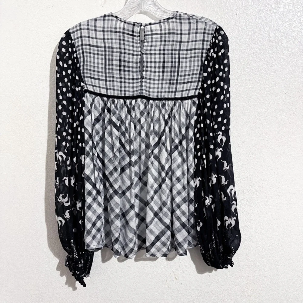 Anthropologie Bl-nk London Miranda Peasant Blouse in Black & White Gingham Plaid